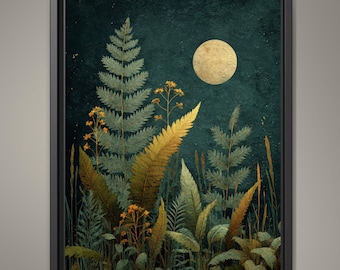 Moon Fern Wall Art Print, Teal Botanical Night Painting, Gold Celestial Nature Decor