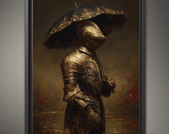 Dark Knight with Umbrella Wall Art Print, Medieval Armour Portrait, Moody Fantasy Decor