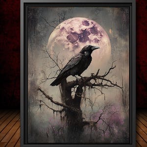 Vintage Black Raven Wall Art Print Pink Full Moon Crow Painting