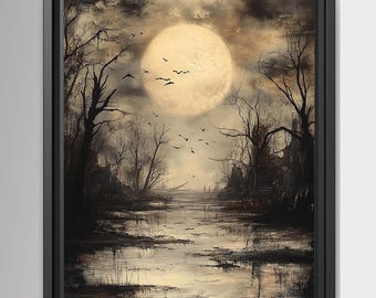 Lámina decorativa de pared "Pantano iluminado por la luna y luna llena", obra de arte de paisaje gótico con árboles, decoración estilo Dark Academia.