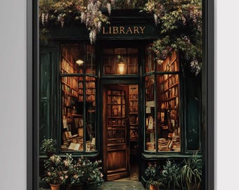 Vintage Library Print, Old Storefront Painting, Wisteria Shopfront, Dark Academia Reading Nook Decor