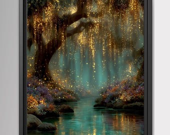 May include: A framed wall art print depicting a dark, mossy tree with hanging branches illuminated by glowing golden lights. A calm, teal-colored stream flows through the center, surrounded by colorful, low-lying foliage and smooth rocks.