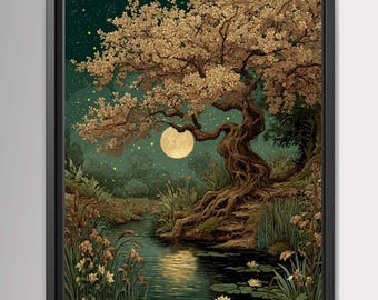 Moonlit Cherry Tree Print, Dark Academia Romantic Forest Art, William Morris Inspired Nature Decor