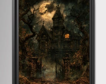 Arte mural de casa embrujada, lámina gótica de Halloween, decoración de mansión tenebrosa, obra de arte de mansión de estilo academia oscura