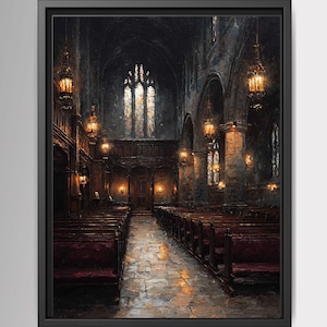 Stained Glass Window Chapel Wall Art Print Victorian Church Interior Glowing Lantern Lights Painting
