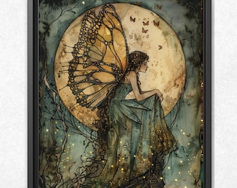 May include: A framed wall art print featuring a figure with large, intricate butterfly wings in shades of gold and brown. The figure sits against a large, glowing full moon background with dark, moody blue and green tones and small butterflies.