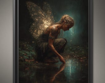 Tattooed Fairy Wall Art Print, Golden Wings Fantasy Painting, Dark Fairycore Enchanted Forest Decor