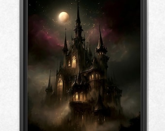 May include: A framed wall art print depicting a dark, towering castle with multiple spires and glowing windows under a full moon in a starry, cloudy night sky. The structure is rendered in deep brown and black tones, surrounded by thick fog.