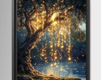 Willow Tree with Fairy Lights Print, Moonlit Lake Wall Art, Enchanted Dark Academia Painting