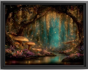 Enchanted Toadstool Forest Wall Art, Magical Mushroom Print, Fairy Woodland Decor, Landscape Scenery Artwork