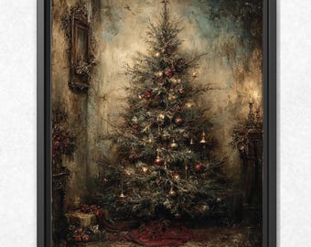 Puede incluir: Una impresión de arte mural enmarcada que representa una pintura al óleo oscura y atmosférica de un árbol de Navidad decorado. El árbol está adornado con luces brillantes y adornos, en una habitación tenue con estética vintage y regalos.