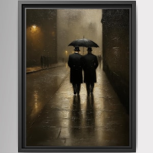 May include: A framed oil painting depicting two figures in dark coats and hats walking down a wet, dimly lit city street at night under a single black umbrella. The scene features golden street lighting reflecting on the pavement and dark walls.