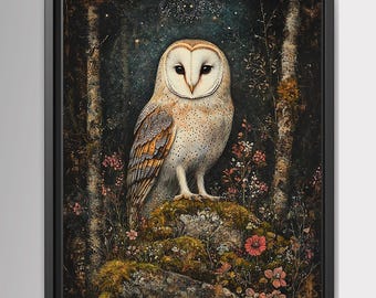 Impresión de búho blanco estilo cottagecore oscuro, arte mural de estilo William Morris