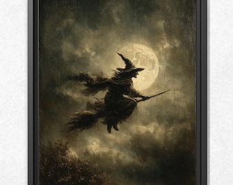 May include: A framed wall art print depicting a silhouette of a witch wearing a pointed hat and flowing robes, flying on a broomstick against a large, luminous full moon. The scene is set in a dark, cloudy night sky with trees below.