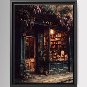 May include: A framed wall art print depicting a dark-toned bookstore storefront with the word BOOKS in gold lettering above the window. The shop features a wooden door, large glass windows filled with stacked books, and purple floral vines.