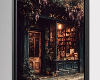Vintage Bookstore Print, Old Library Painting, Bookshop Wall Art, Librarian Reading Room Decor