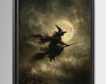 Estampado de bruja vintage, silueta de escoba voladora, decoración oscura y misteriosa de Halloween con luna llena.