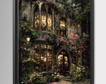 Pink Roses Vintage Bookstore Shopfront, Dark Moody Oil Painting Style Print