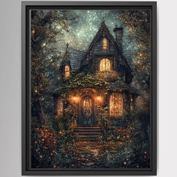 Enchanted Fairy Tale Stone Cottage Art Print Romantic Victorian Forest House Golden Lamplight Painting