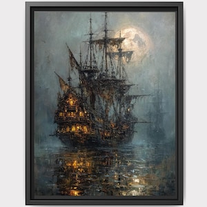 May include: A framed wall art print depicting a large, weathered sailing ship on dark, misty water under a full moon. The ship features multiple masts, tattered sails, and glowing yellow lights emanating from its windows, reflecting on the water.