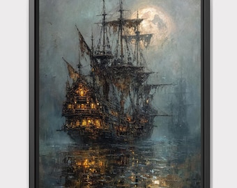 May include: A framed wall art print depicting a large, weathered sailing ship on dark, misty water under a full moon. The ship features multiple masts, tattered sails, and glowing yellow lights emanating from its windows, reflecting on the water.