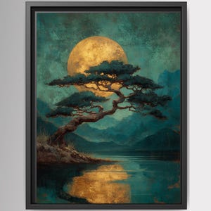 May include: A framed wall art print featuring a dark teal landscape with a large golden moon hanging over a silhouetted bonsai tree. The tree sits on a rocky shore beside a calm body of water that reflects the bright yellow light of the moon.