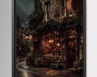 Vintage Rainy Street Bookshop Art Print Night Alley Dark Academia Streets of Europe Decor