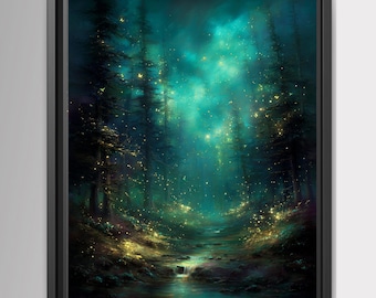 Enchanted Fir Tree Pine Forest Wall Art, Fantasy Woodland Path Print, Dark Academia Artwork