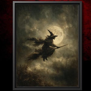 May include: A framed painting depicts a witch on a broomstick silhouetted against a full moon. The artwork is rendered in dark, muted tones, with a focus on the witch's hat and flowing robes. The background features a cloudy sky and a hint of foliage.