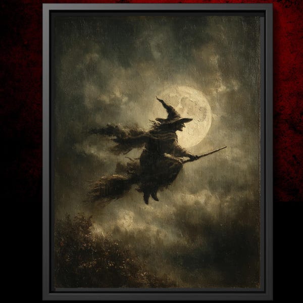 Vintage Witch Print, Flying Broomstick Silhouette, Full Moon Halloween Witchy Dark Moody Decor