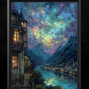 May include: A framed landscape painting depicts a nighttime scene with a river winding through mountains. The sky is filled with swirling colors and stars. A building with lit windows is on the left.