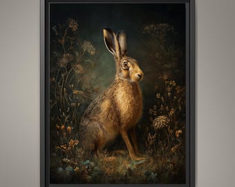 Hare Wall Art Print, Moody Woodland Animal Portrait, Dark Academia Nature Decor Artwork