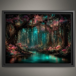 Pink Toadstools Teal River Golden Fireflies Willow Art Print, Glowing Enchanted Forest Magical Painting
