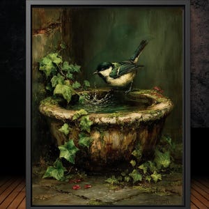 Garden Bird in Vintage Stone Bird Bath Print Oil Painted Style Wall Art