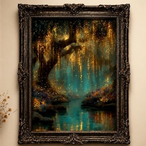 May include: A rectangular wall art piece featuring a dark, ornate, carved frame surrounding a painting of a forest scene with a river, glowing golden lights hanging from tree branches, and deep teal and blue tones throughout the landscape.
