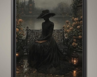 Victorian Widow in Black Lace by Misty Gothic Lake Castle Wall Art Print