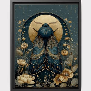 Celestial Moth Wall Art Blue Botanical Insect Print, Enchanted Nature Decor, Mystical Artwork