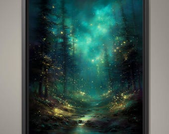 Enchanted Fir Tree Pine Forest Wall Art, Fantasy Woodland Path Print, Dark Academia Artwork