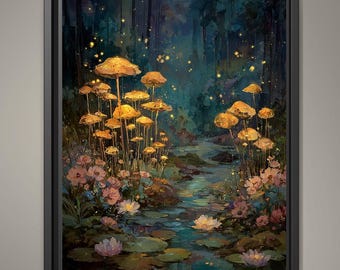 Whimsical Mushroom Forest Wall Art Print, Enchanted Woodland Fireflies Pond, Moonlit Fairycore Artwork Decor