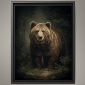 May include: A framed art print featuring a detailed illustration of a brown bear in a forest setting. The bear is the focal point, standing on a path with lush greenery and trees in the background. The artwork has a realistic style with a dark, moody atmosphere.