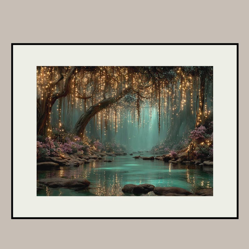 Puede incluir: Una impresi&oacute;n de arte mural enmarcada que representa una escena forestal serena con un arroyo de color turquesa que fluye entre rocas oscuras y cubiertas de musgo. Luces doradas cuelgan de las ramas, iluminando flores moradas.