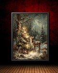 Baby Reindeer and Christmas Tree Art Print, Gothic Winter Woodland Painting, Dark Academia Holiday Wall Decor, Magical Forest Scene