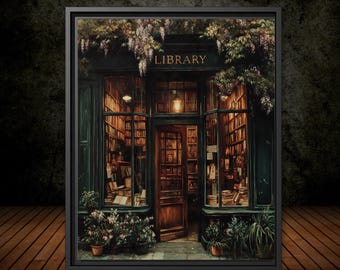 Vintage Library Print, Old Storefront Painting, Book Lover Gift Wall Art, Librarian Book Nerd Illustration, Dark Academia Reading Nook Decor