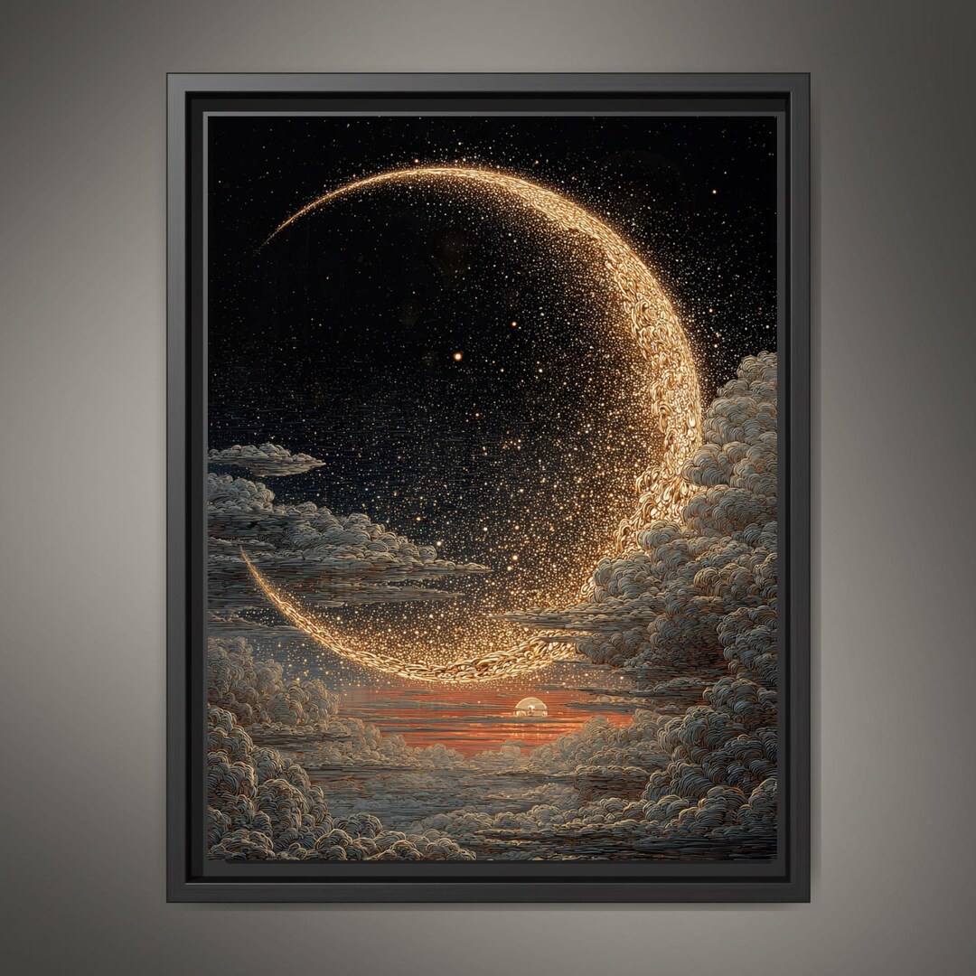 Golden Crescent Moon Wall Art Cloudy Sky Print Dark Moody Luxury Night ...