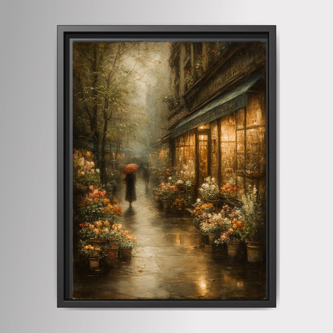 Vintage Flower Shop Rainy Street Print Paris Florist Store Wall Art Romantic European Decor