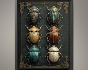 Beetle Specimen Board Wall Art Print, Victorian Insect Decor, Curiosity Cabinet Artwork, Entomology Painting