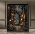 Enchanted Fairy Portal Forest Print, Mystical Woodland Painting, Vintage Firefly Wall Art, Fantasy Lanterns in Trees Large Canvas Decor