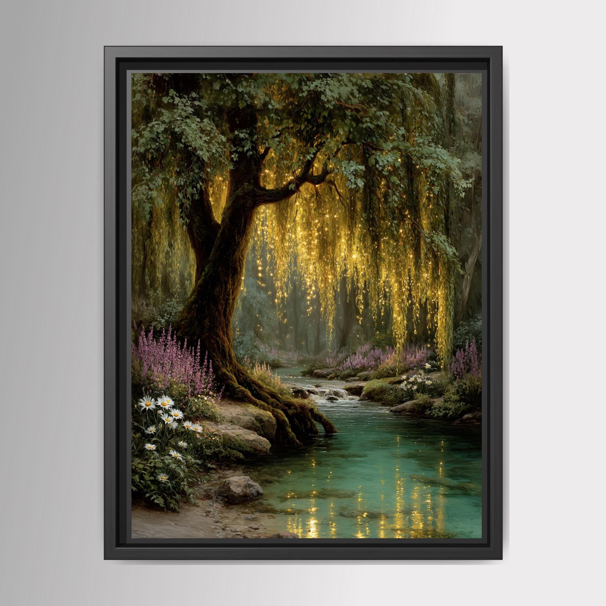 Enchanted Weeping Willow Firefly Print William Morris Inspired Fantasy Golden Tree Reflections on Water