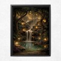 Enchanted Woodland Waterfall Print, Fireflies and Golden Lights Magical Forest Tree Painting