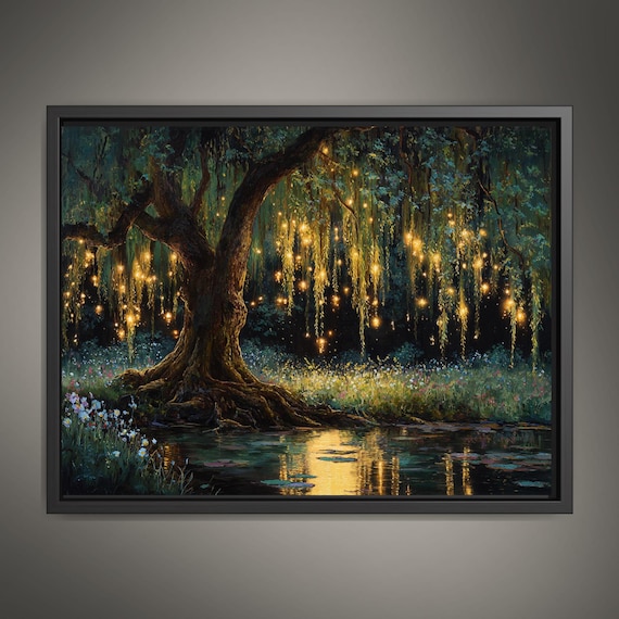 Firefly Forest Horizontal Art Print Golden Willow Tree Leaves Trailing, Enchanted Woodland Painting